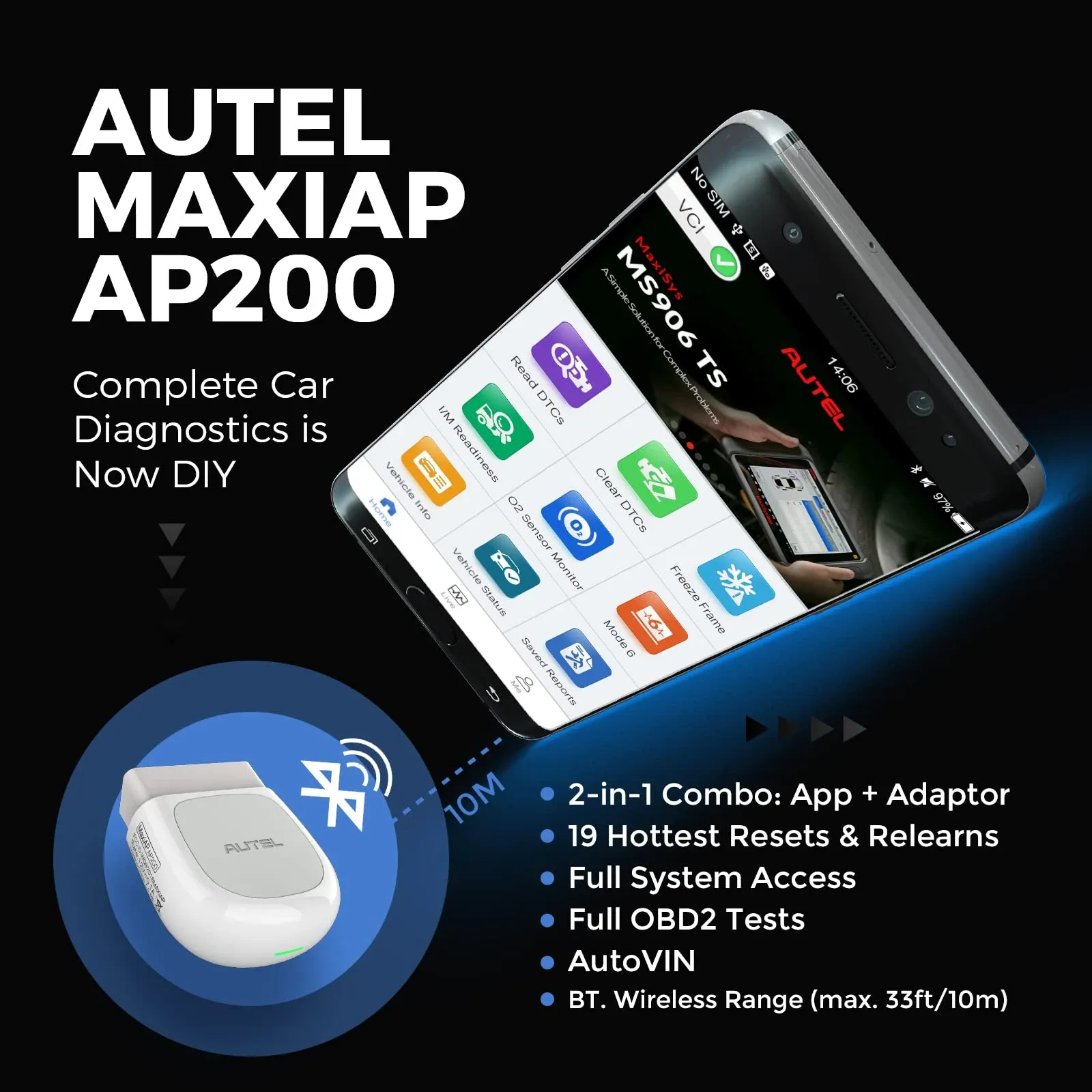 Autel MaxiAP AP200 car diagnostics product graphic showing the scanner app on a smartphone and the OBD2 Bluetooth adaptor with feature list on a black background.