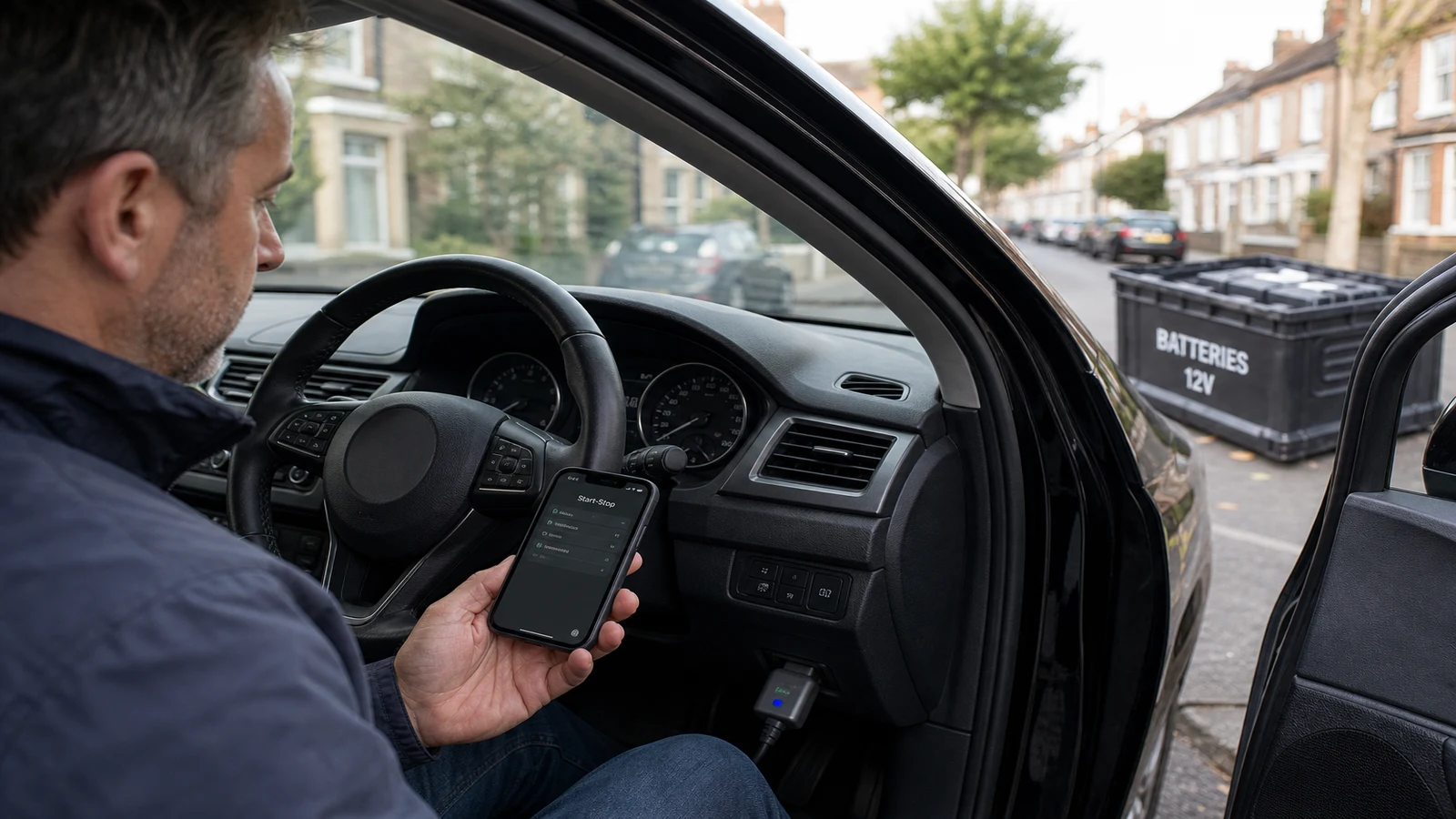 UK driver registering a replacement car battery with a Bluetooth OBD scanner