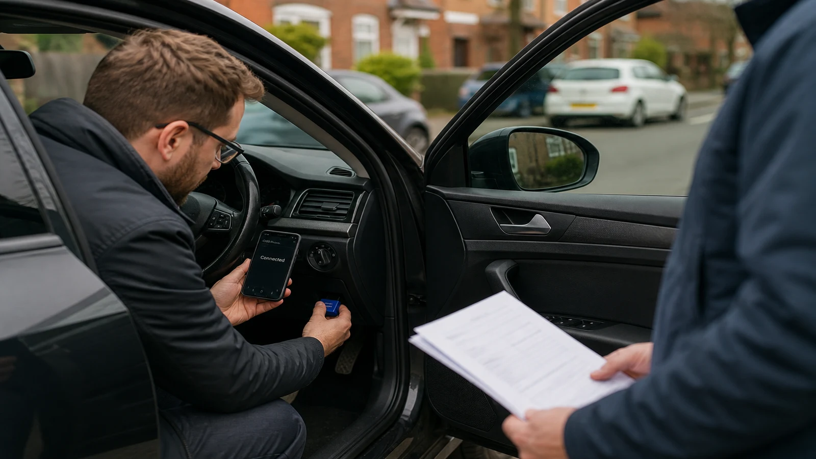 Buyer scanning a UK private-sale used car with a Bluetooth OBD2 tool before purchase