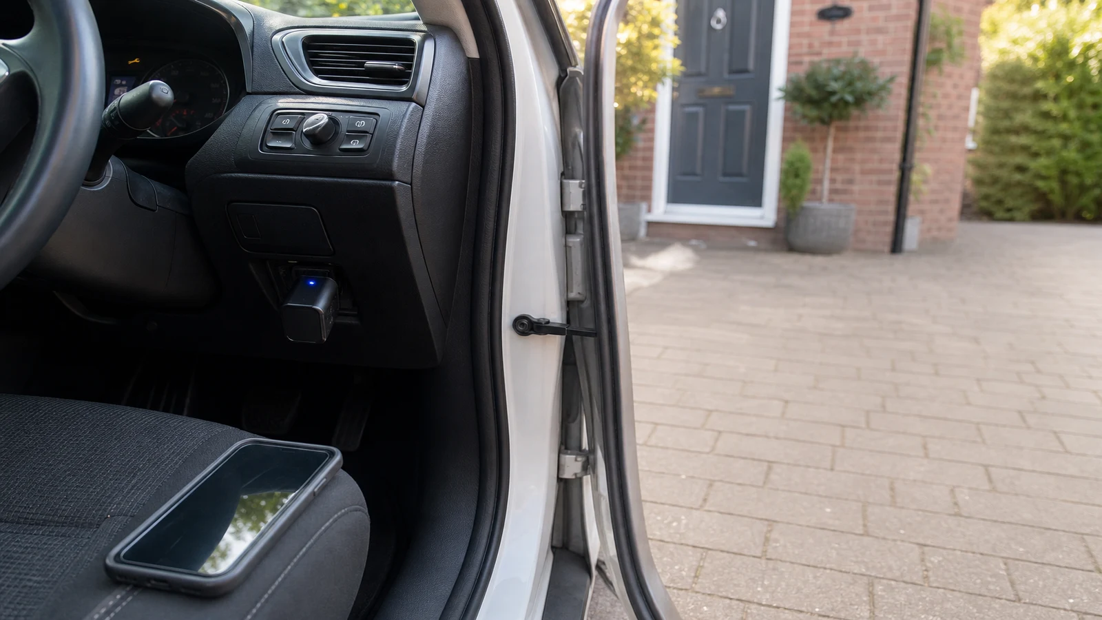 DIY driver preparing an oil service light reset with a phone-linked OBD tool on a UK driveway